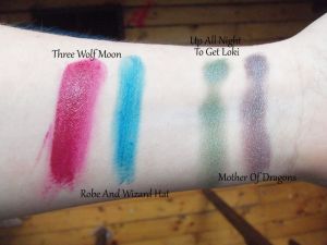 Swatch arm! Intertubes are swatched over bare skin, eyeshadows over Pixie Epoxy on top, NYX Milk in the middle, and primer on the bottom.
